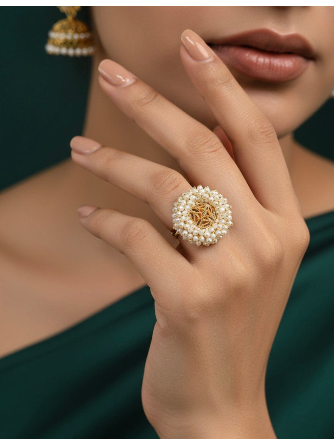 Fancy Golden Ring With Beaded Flower