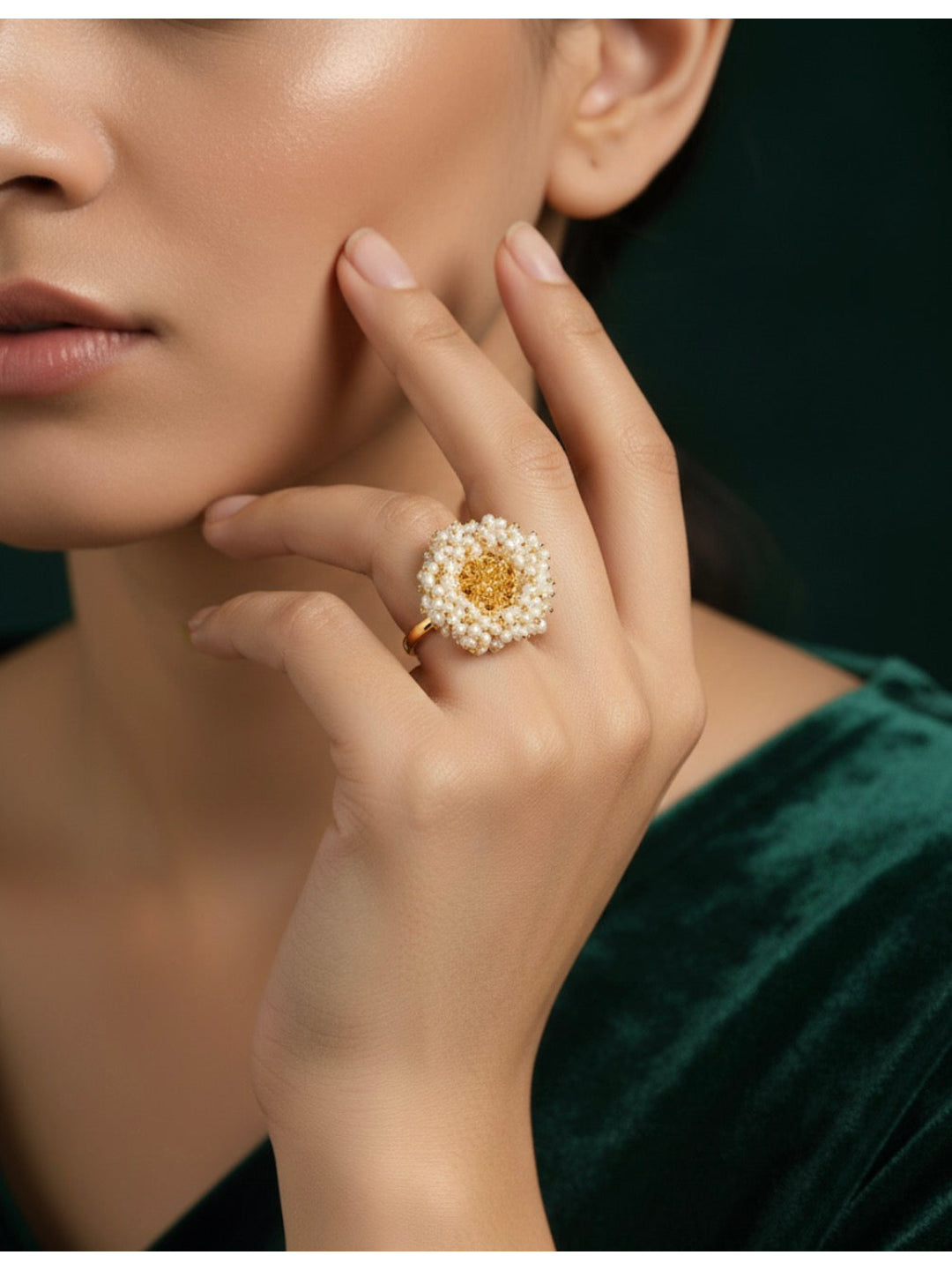 Beautiful Golden Ring With Beaded Flower