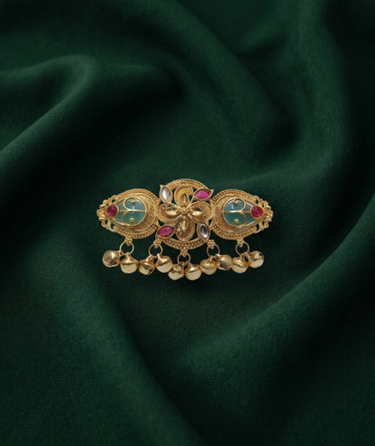 Gold-Toned Kundan Double Finger Ring with Multicolor Stones Ring for Women