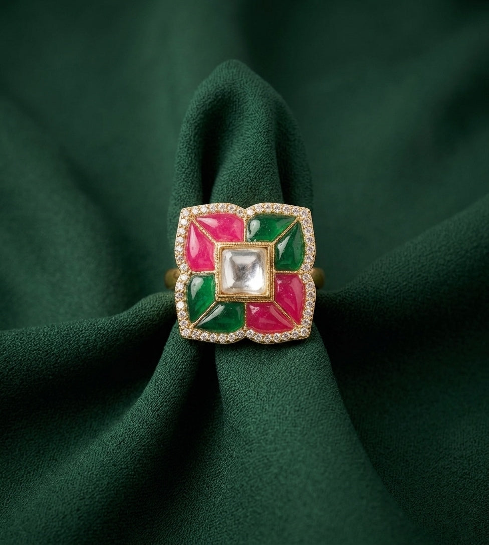 Gold Plated Multicolor Beaded &amp; Kundan Ring