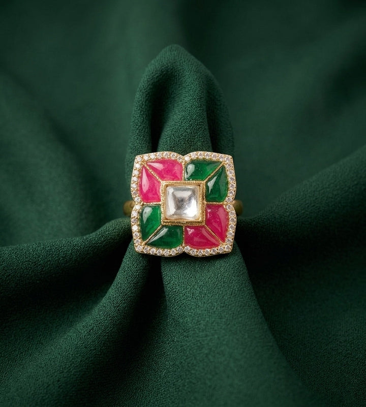 Gold Plated Multicolor Beaded &amp; Kundan Ring