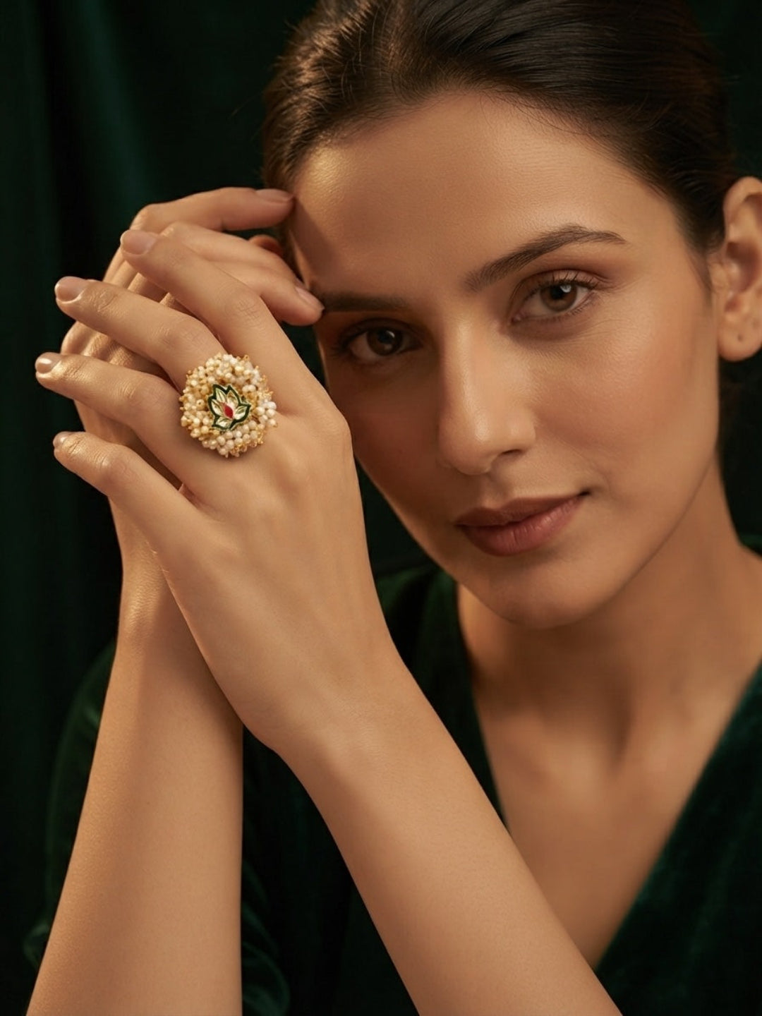 Women Gold-Plated Pearls Beaded Flower Ring