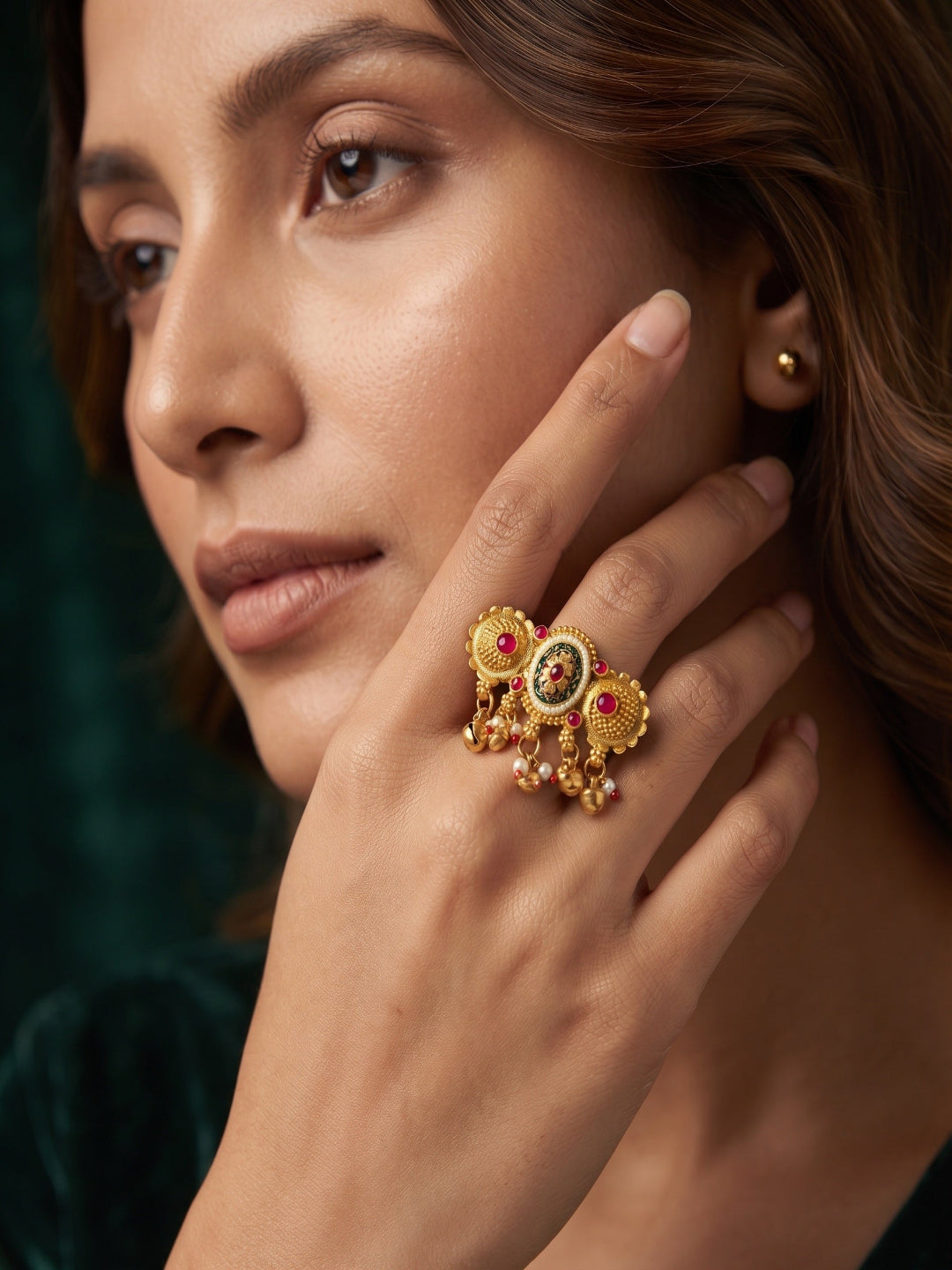 Women Gold-Plated Stone Studded Traditional Statement Ring