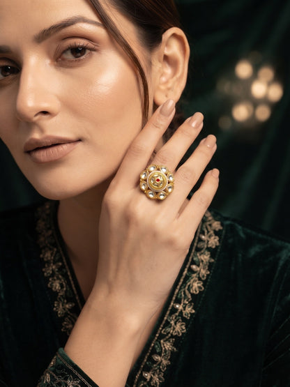 Women Gold-Plated Kundan Traditional Statement Ring