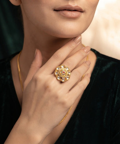 Women Gold-Plated Kundan Traditional Statement Ring
