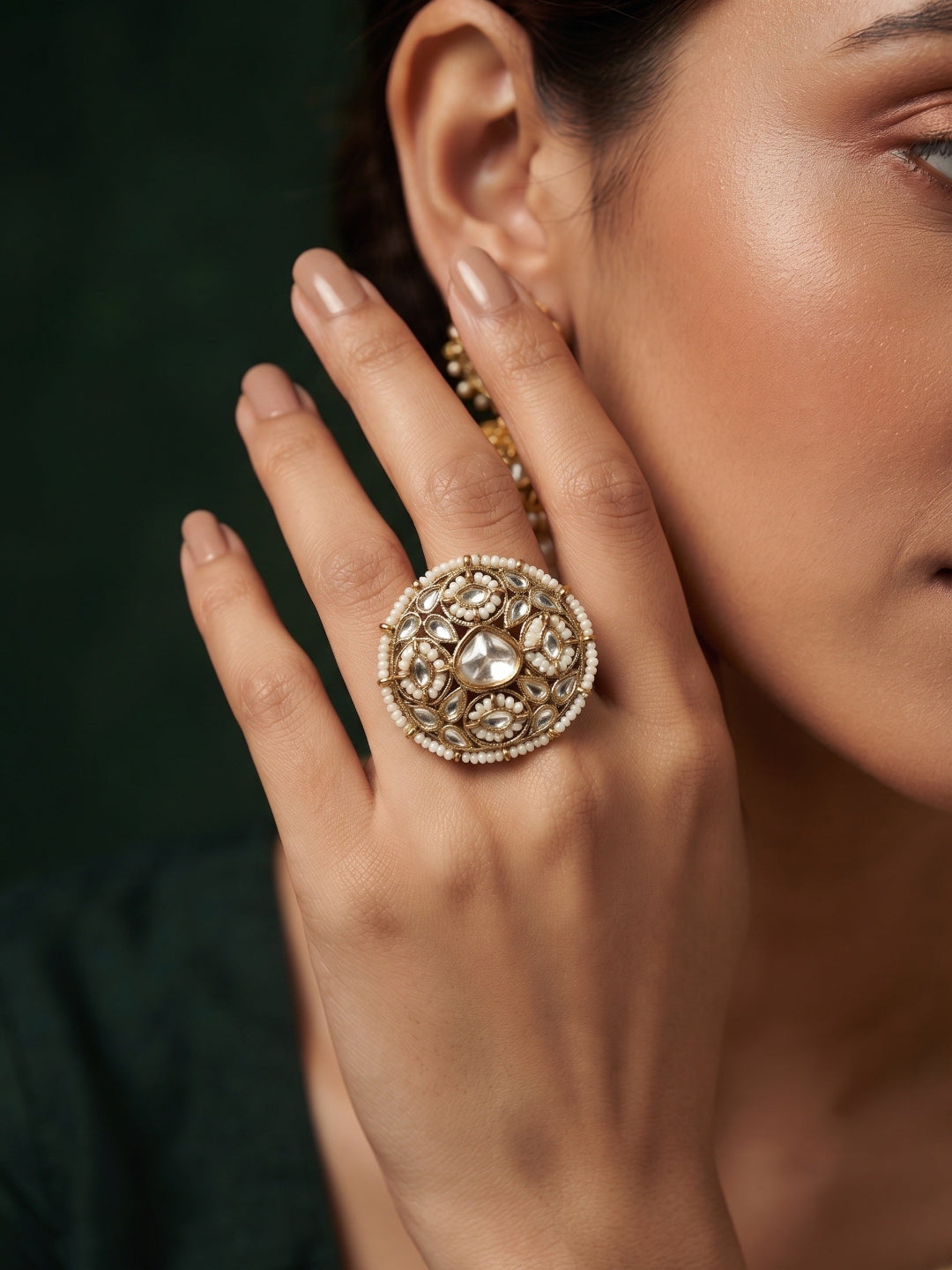 Women Gold-Plated Kundan Traditional Statement Ring