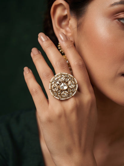 Women Gold-Plated Kundan Traditional Statement Ring
