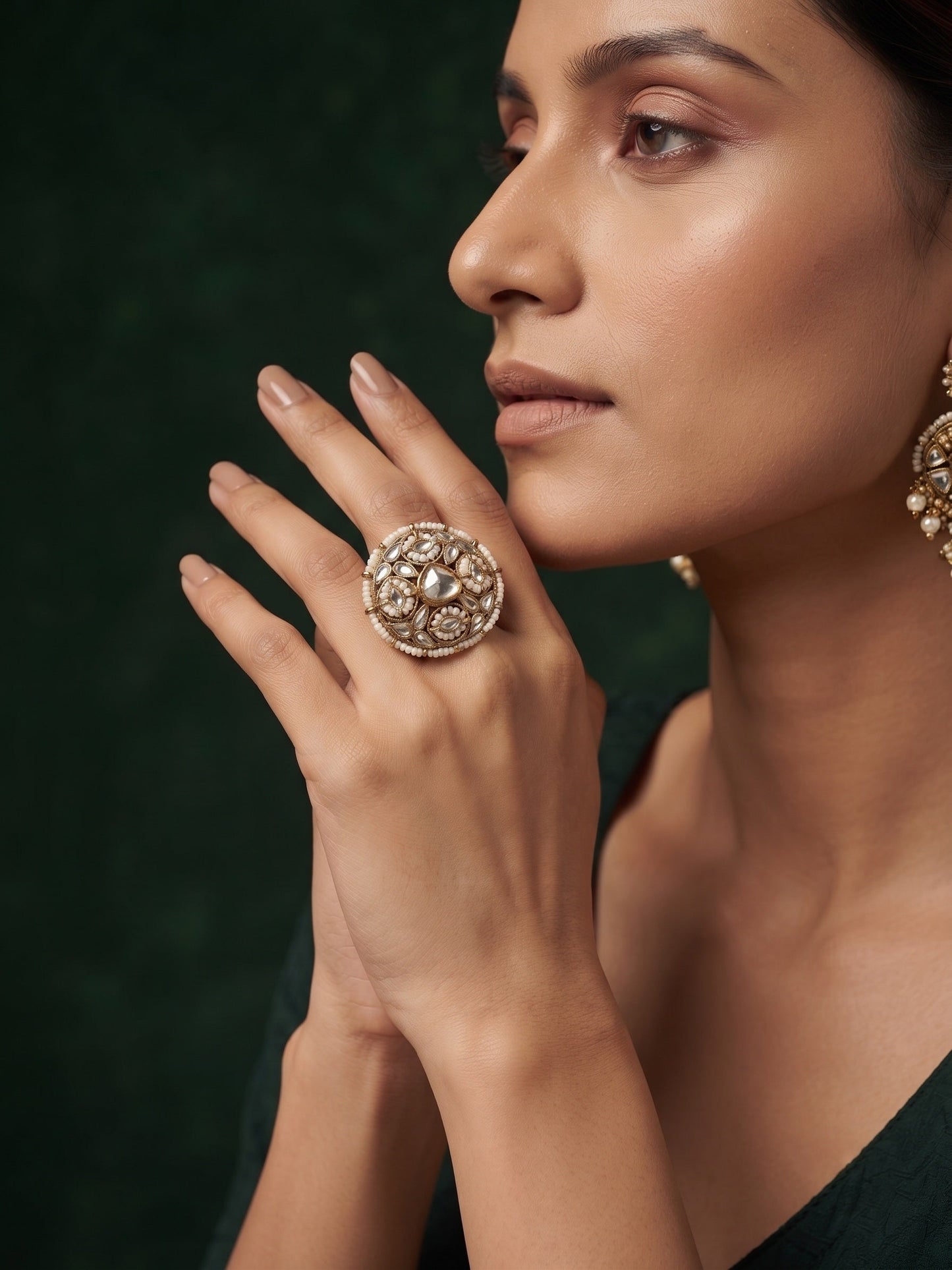 Women Gold-Plated Kundan Traditional Statement Ring