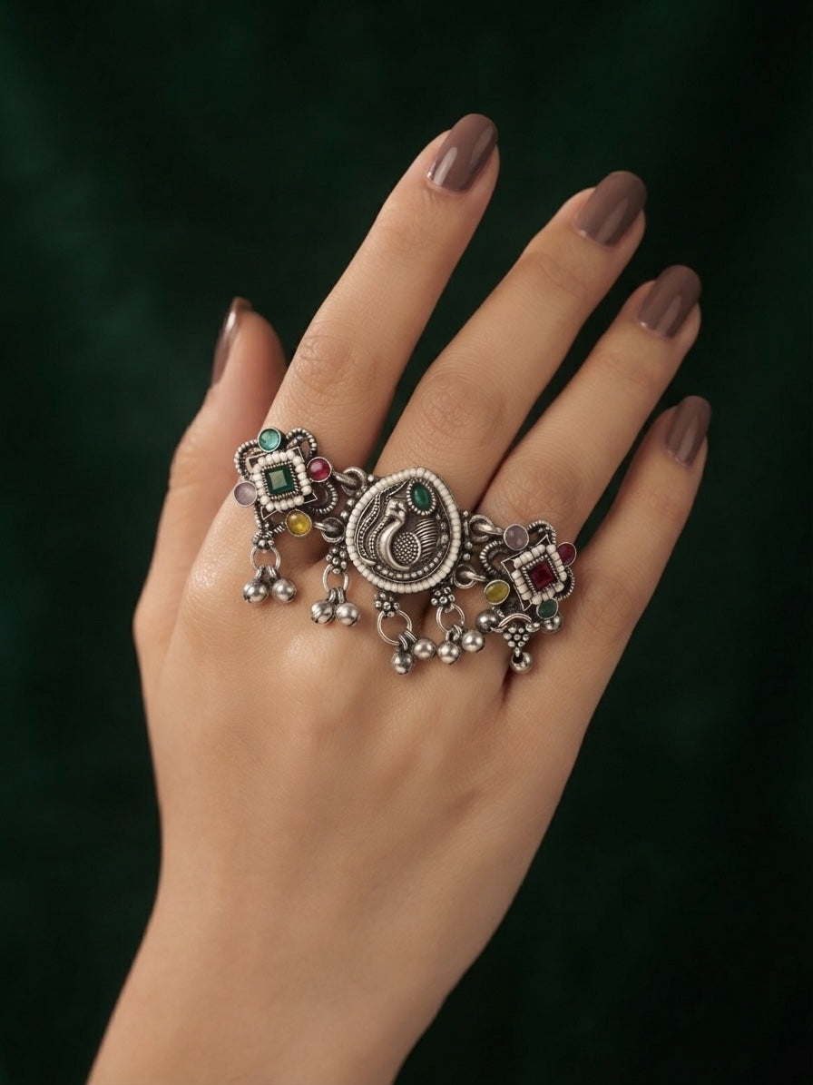 Silver-Plated Traditional Statement Double Finger Ring