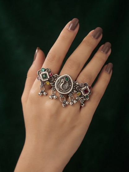 Silver-Plated Traditional Statement Double Finger Ring