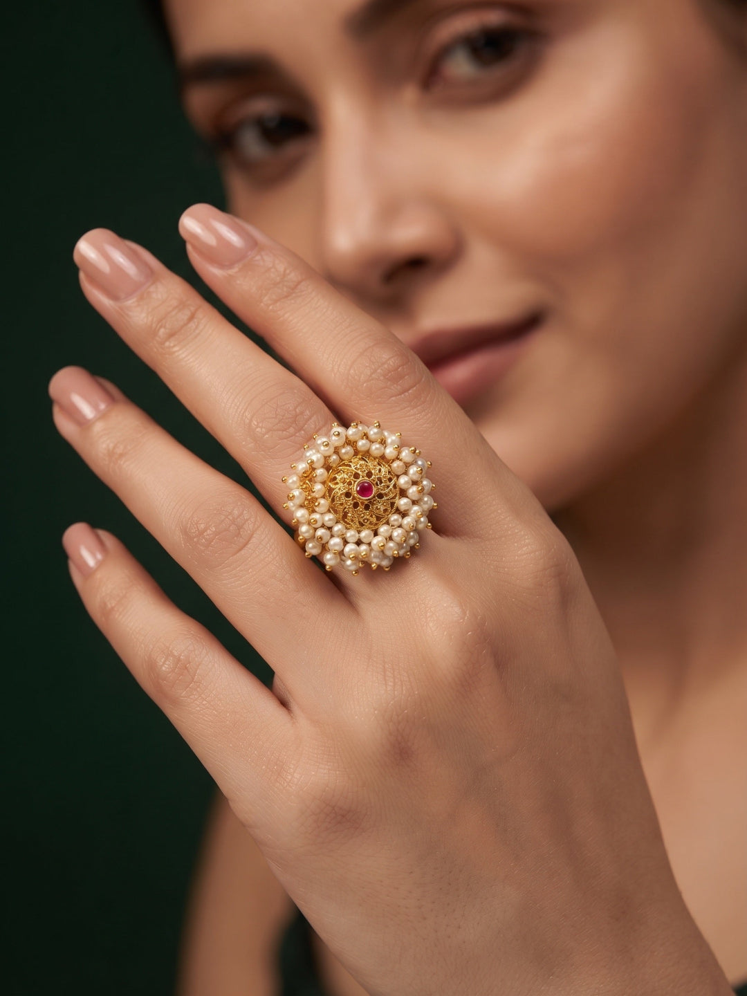 Women Gold-Plated Pearls Beaded Flower Ring