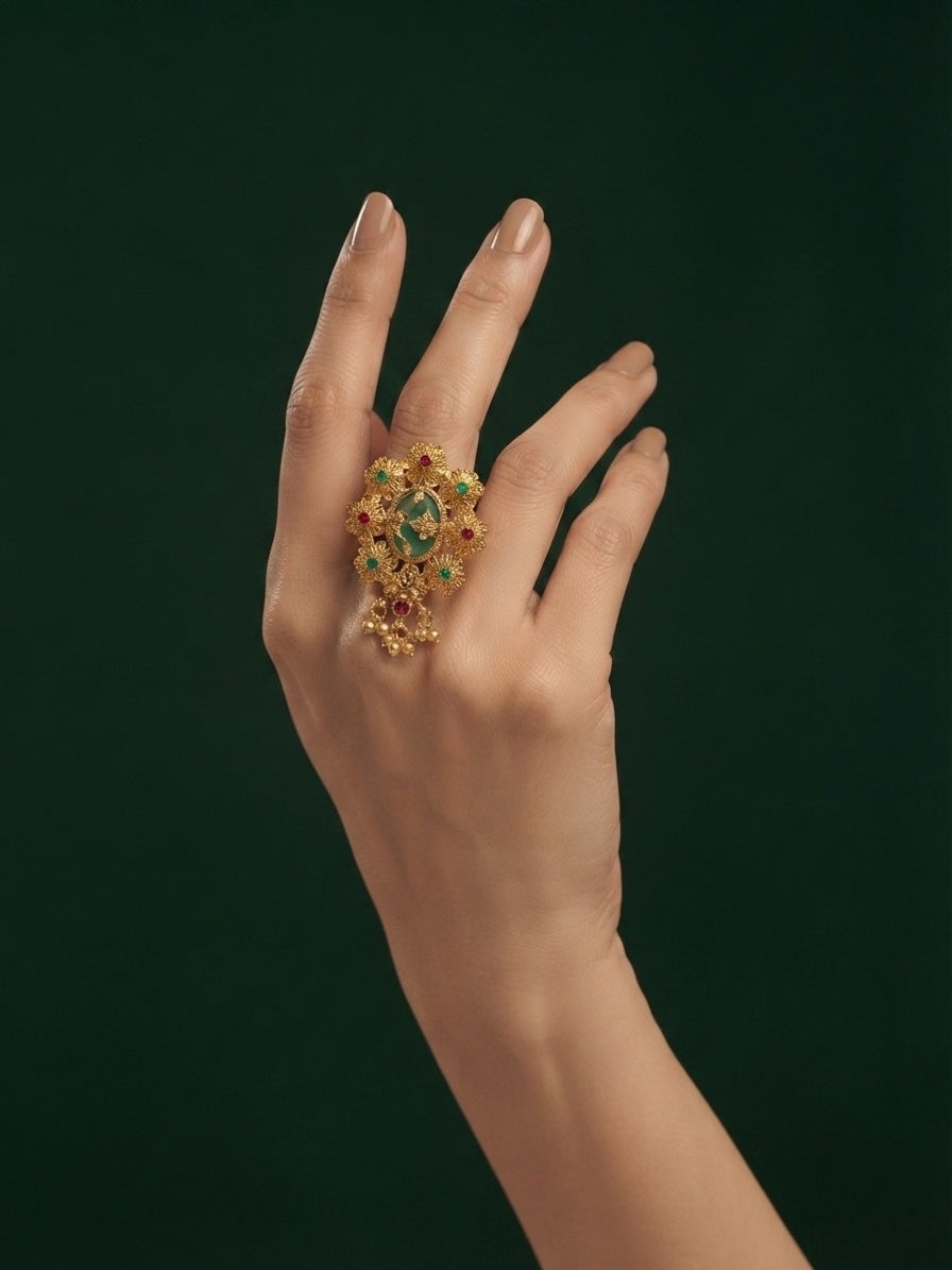 Gold-Plated Stone Studded Traditional Statement Ring
