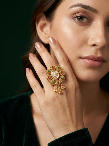 Gold-Plated Stone Studded Traditional Statement Ring
