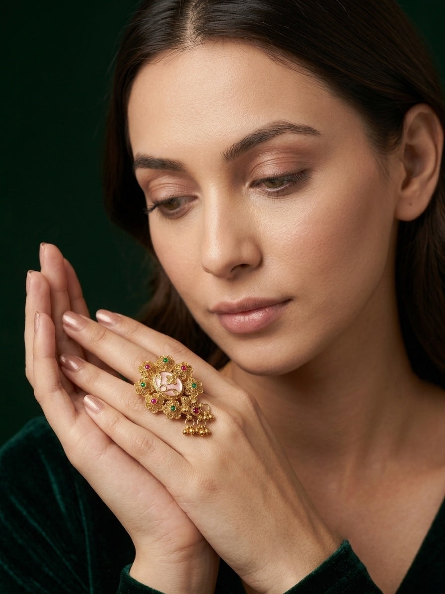 Gold-Plated Stone Studded Traditional Statement Ring