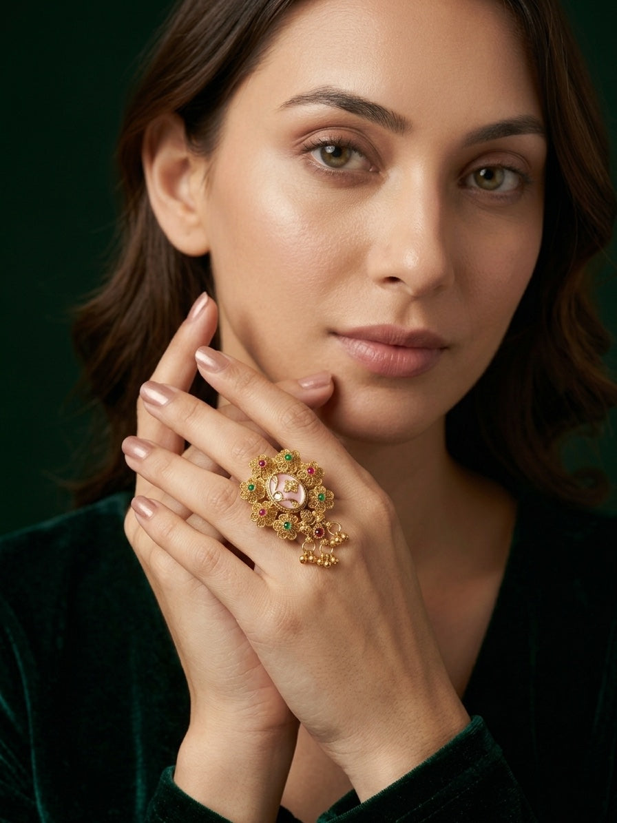 Gold-Plated Stone Studded Traditional Statement Ring