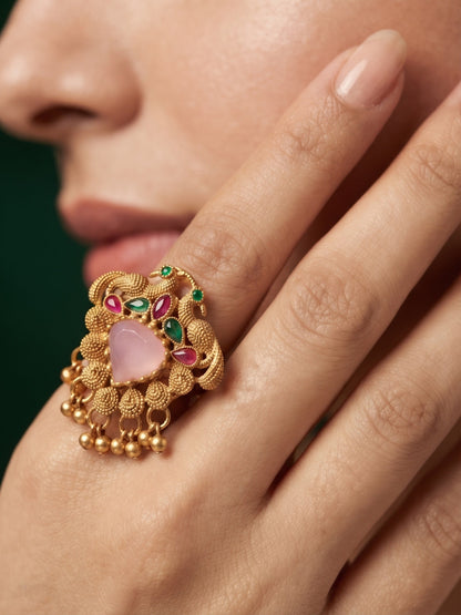 Gold-Plated Stone Studded Traditional Statement Ring