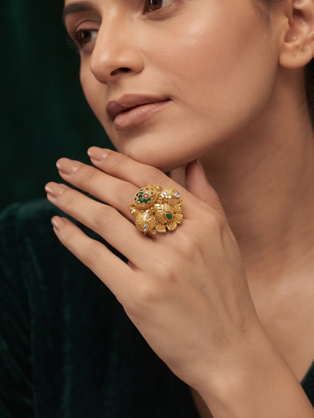 Gold-Plated Stone Studded Traditional Statement Ring