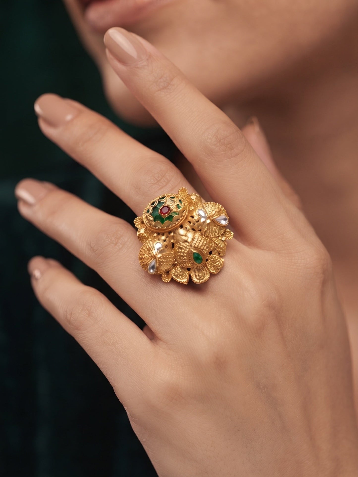 Gold-Plated Stone Studded Traditional Statement Ring