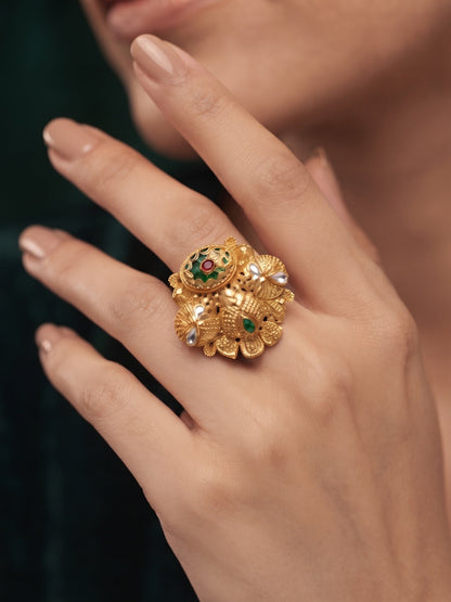Gold-Plated Stone Studded Traditional Statement Ring