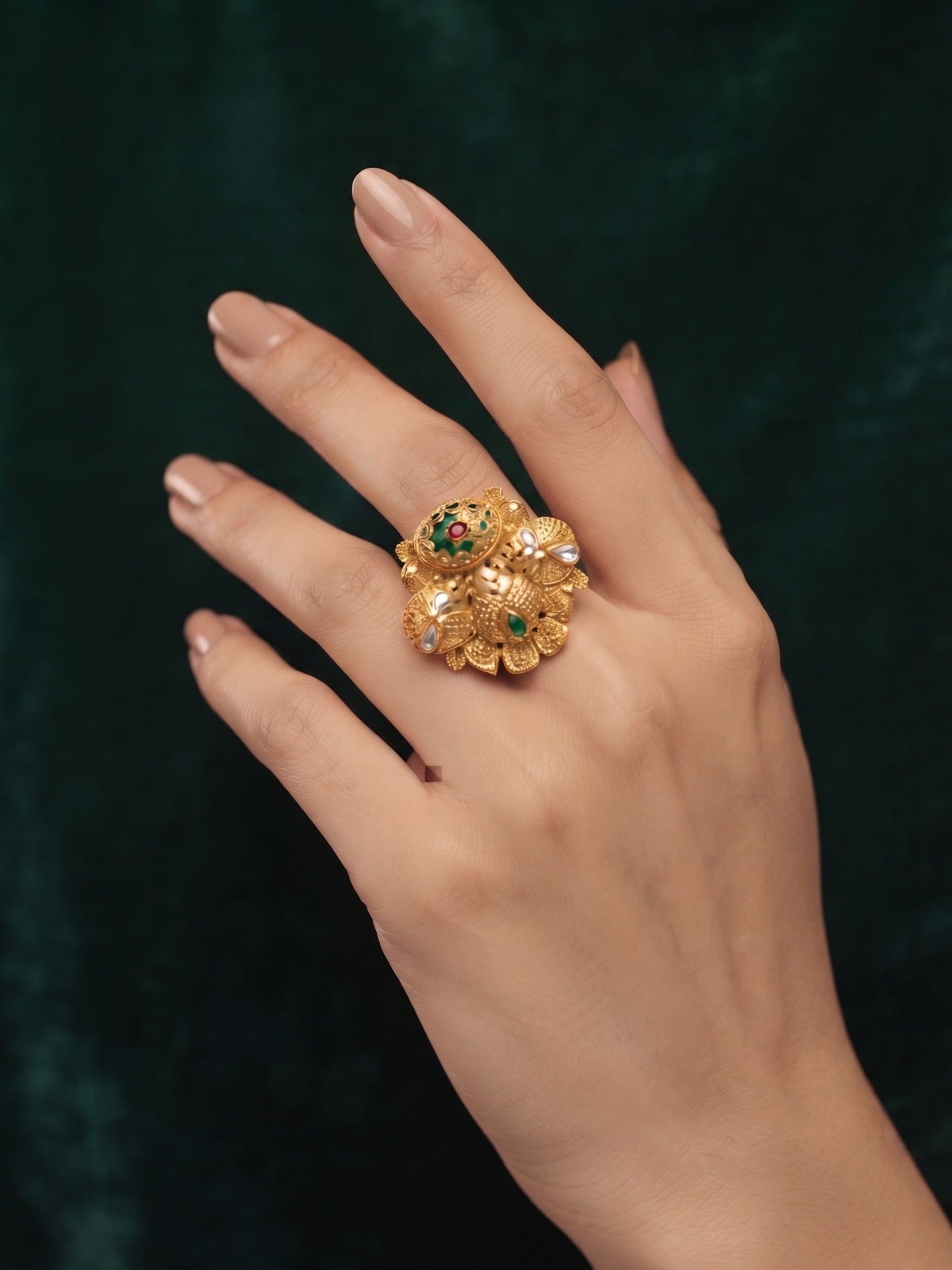Gold-Plated Stone Studded Traditional Statement Ring