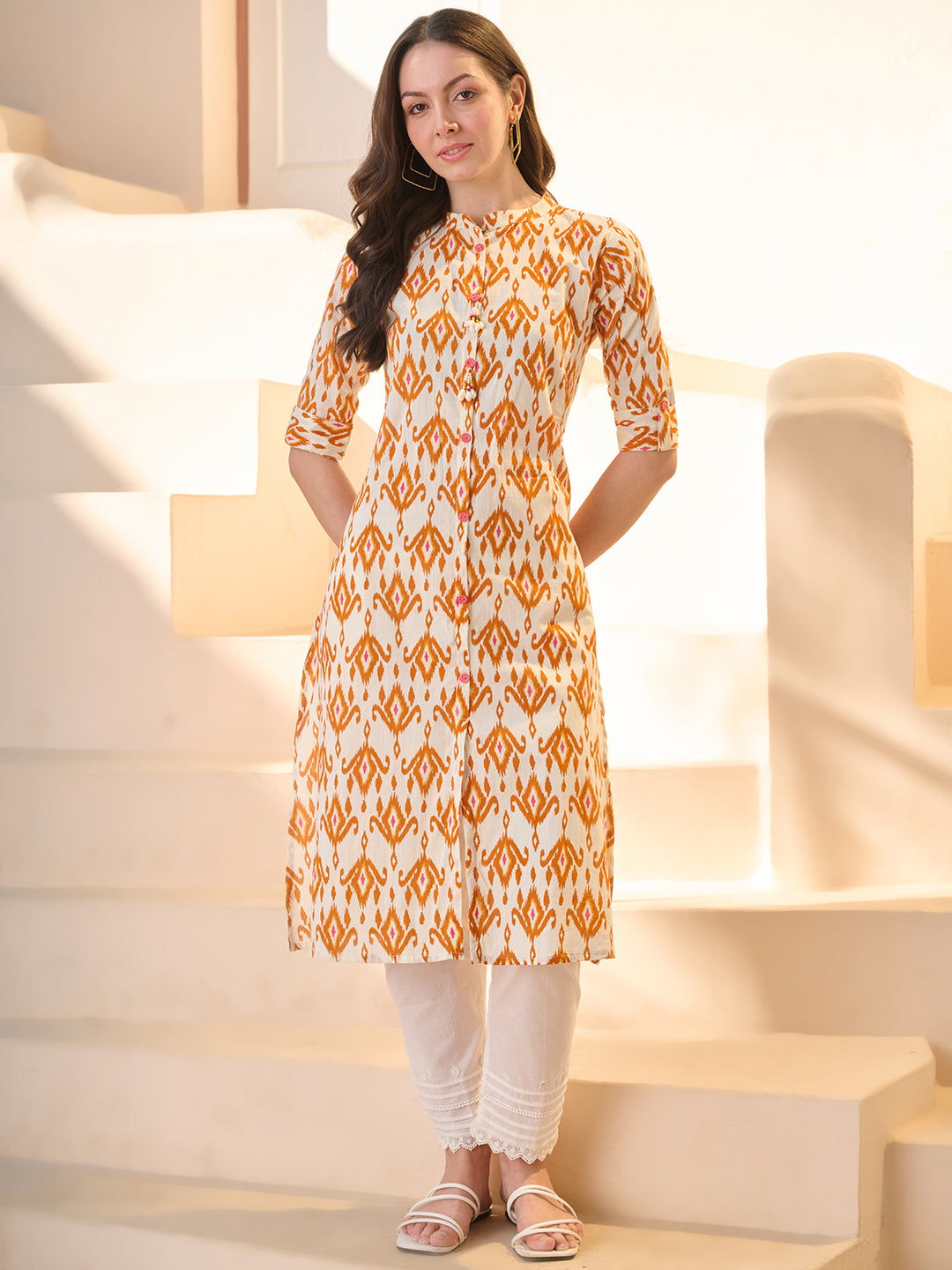 Orange Ikat Printed Cotton A-Line Kurta