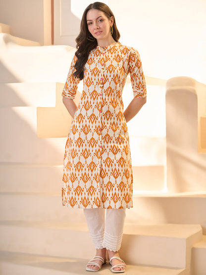 Orange Ikat Printed Cotton A-Line Kurta