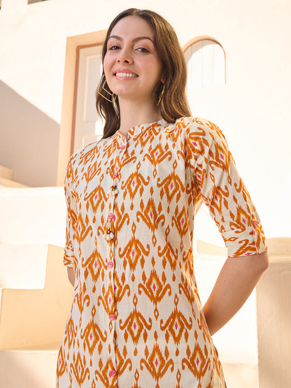 Orange Ikat Printed Cotton A-Line Kurta