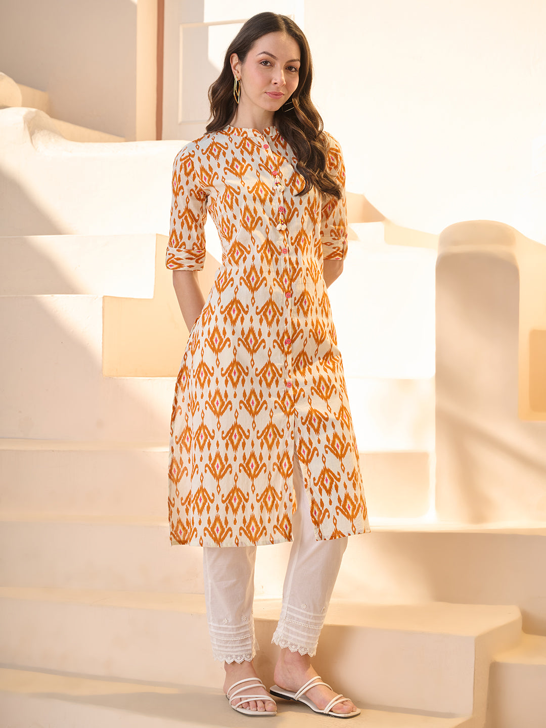 Orange Ikat Printed Cotton A-Line Kurta