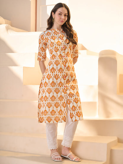 Orange Ikat Printed Cotton A-Line Kurta
