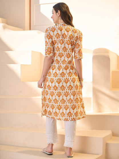 Orange Ikat Printed Cotton A-Line Kurta