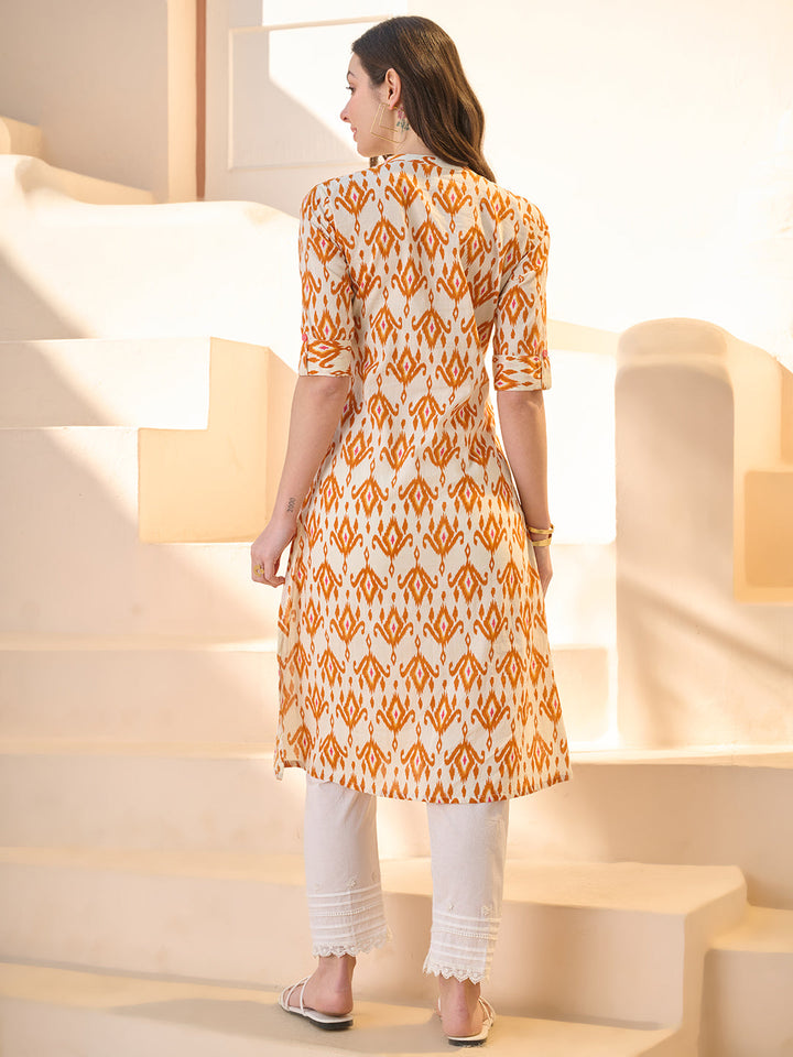 Orange Ikat Printed Cotton A-Line Kurta
