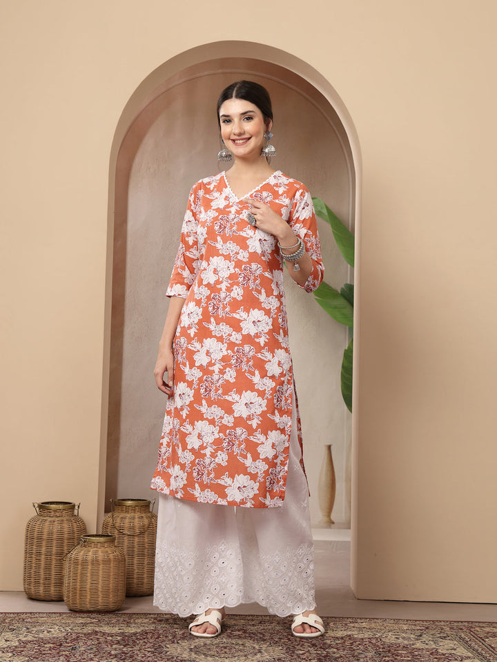 Floral Printed Cotton Straight Kurta