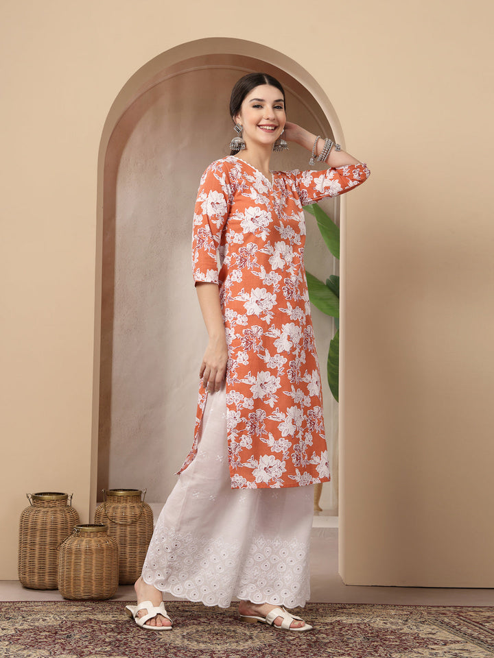 Floral Printed Cotton Straight Kurta