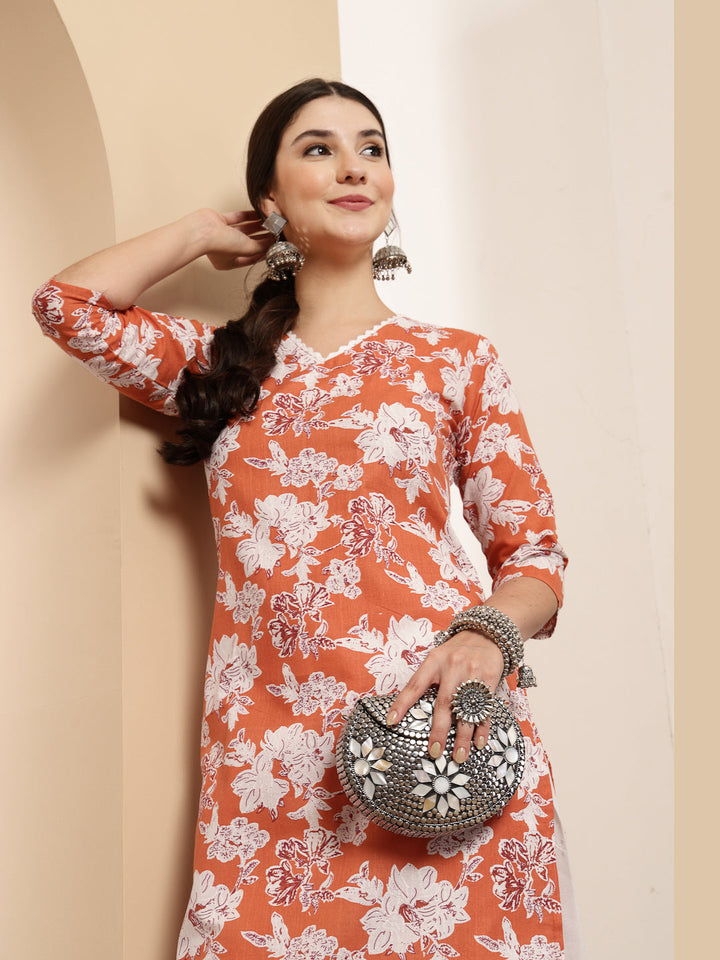 Floral Printed Cotton Straight Kurta