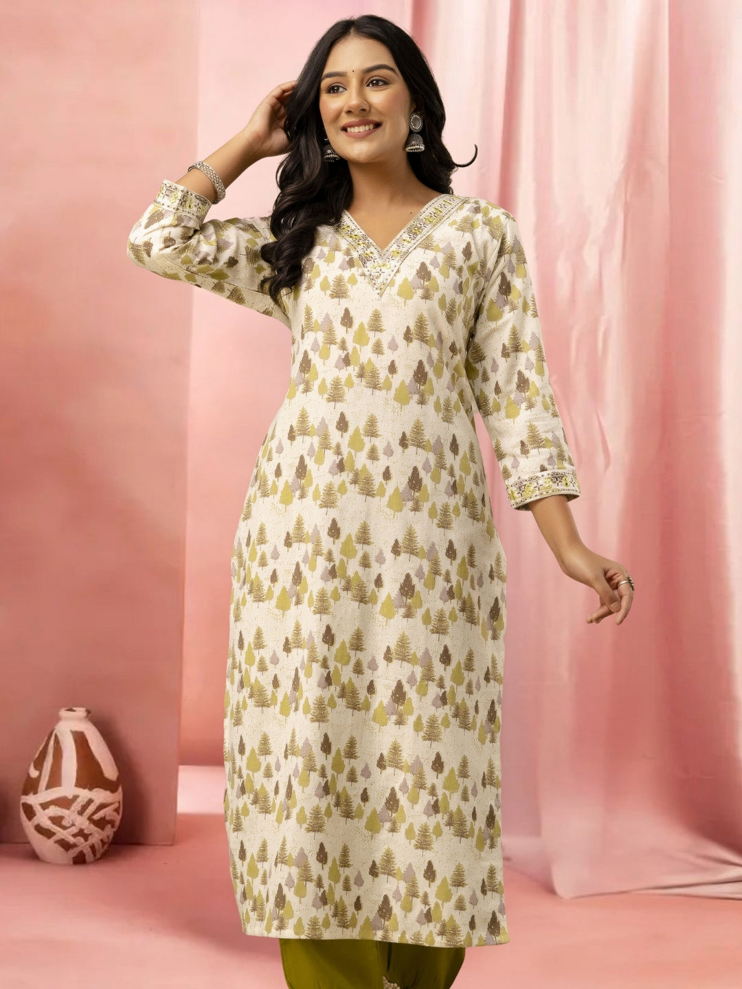 Cream Printed Straight Kurta With Embellished V-Neck