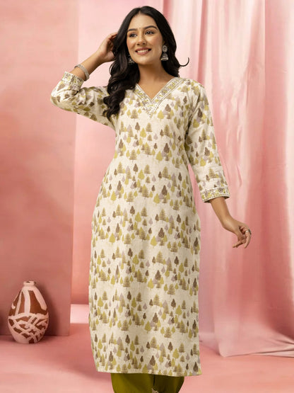 Cream Printed Straight Kurta With Embellished V-Neck