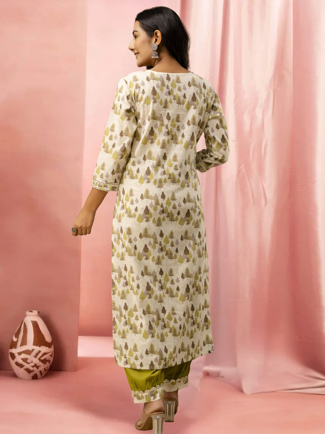 Cream Printed Straight Kurta With Embellished V-Neck