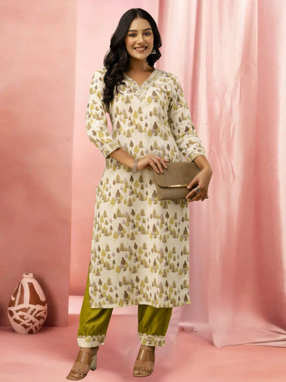 Cream Printed Straight Kurta With Embellished V-Neck