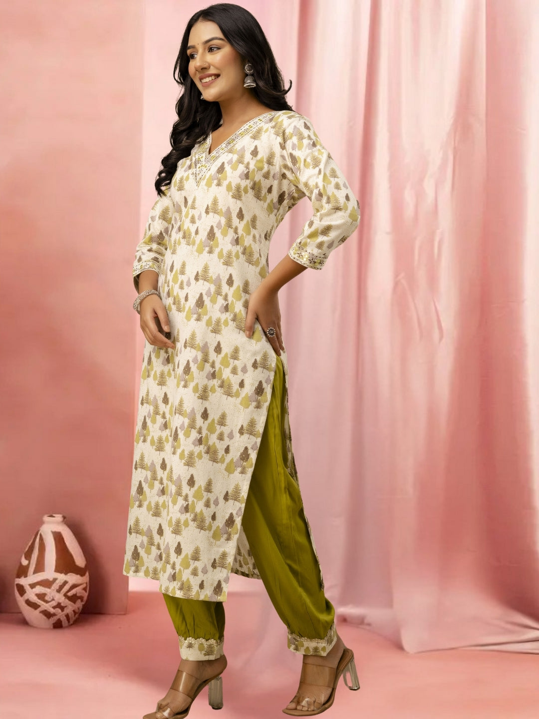 Cream Printed Straight Kurta With Embellished V-Neck