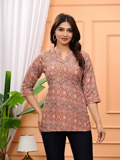 Printed Cotton Straight Kurti With 3/4Th Sleeves