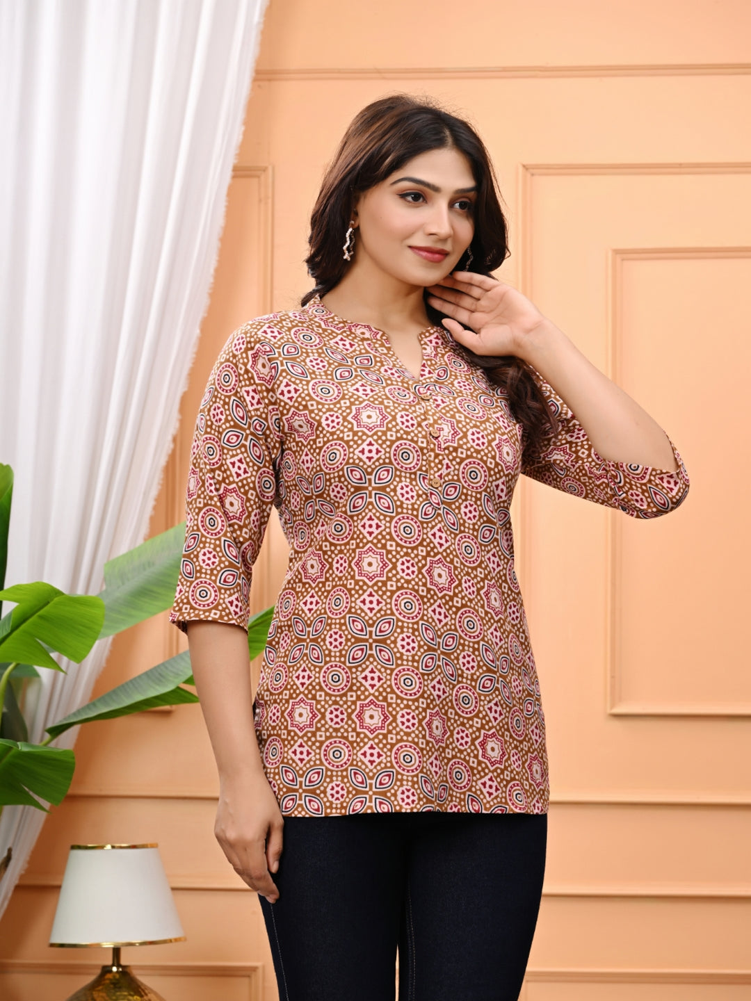 Printed Cotton Straight Kurti With 3/4Th Sleeves