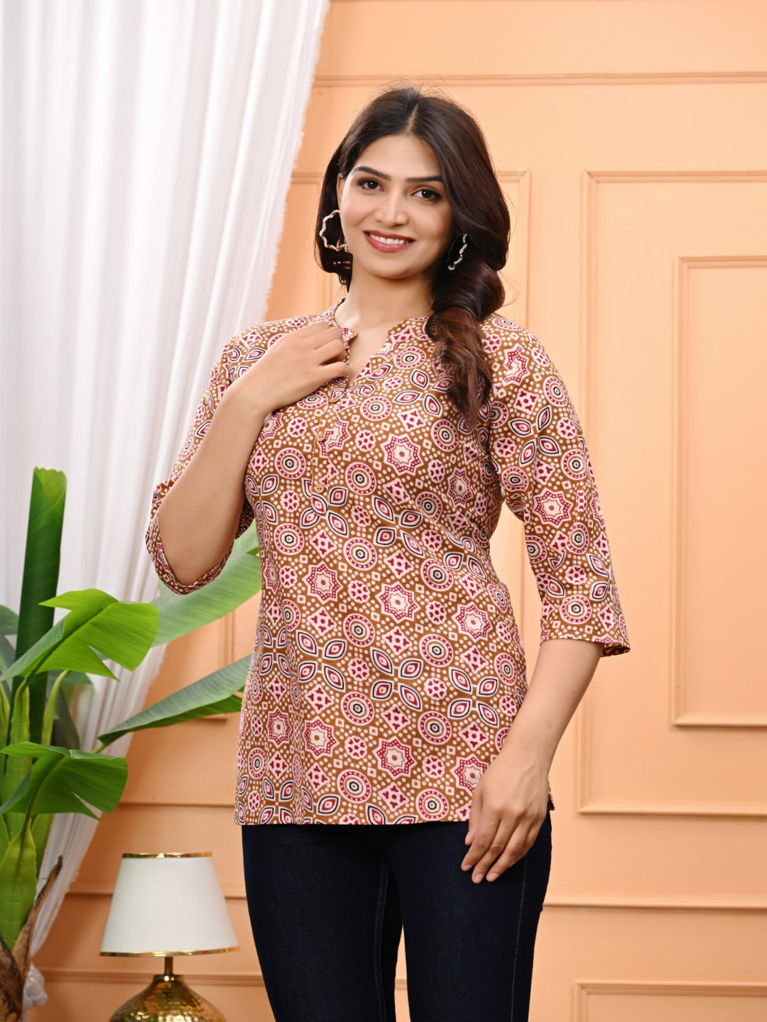 Printed Cotton Straight Kurti With 3/4Th Sleeves