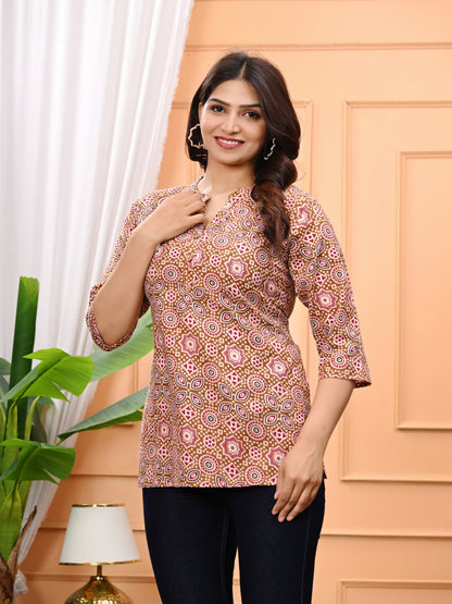 Printed Cotton Straight Kurti With 3/4Th Sleeves