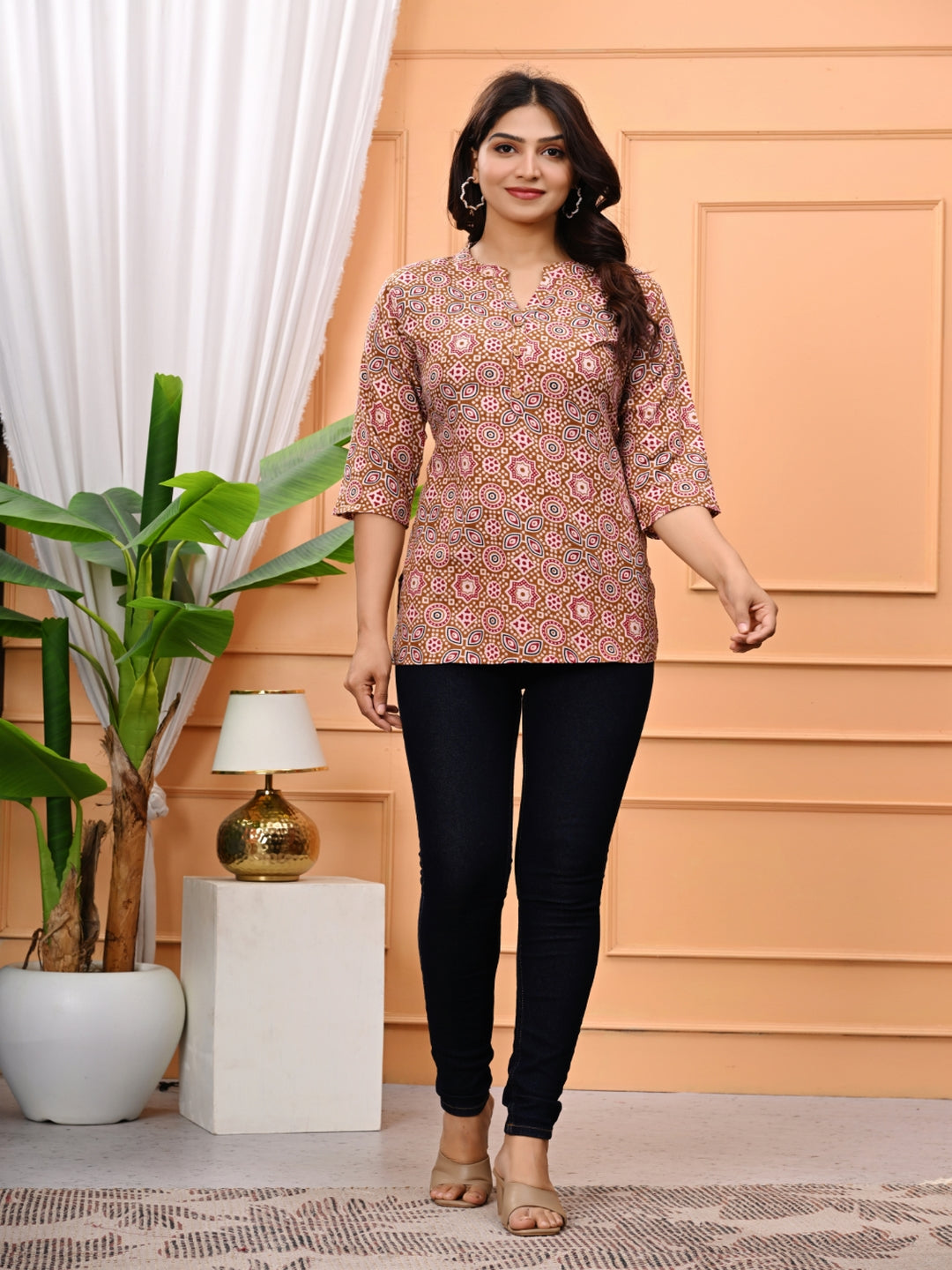 Printed Cotton Straight Kurti With 3/4Th Sleeves