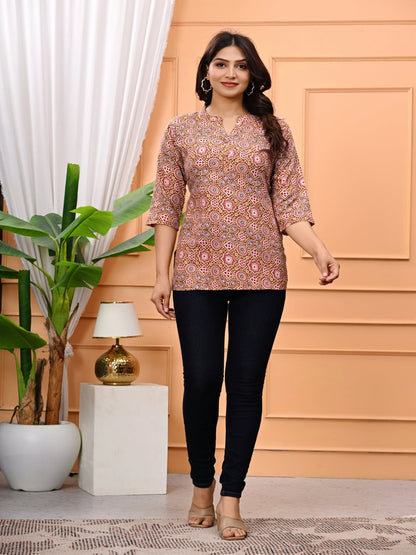 Printed Cotton Straight Kurti With 3/4Th Sleeves