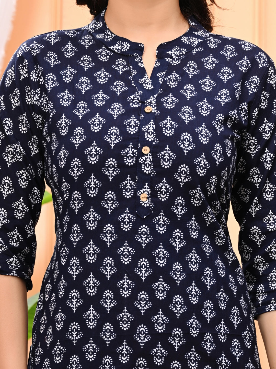 Navy Blue Printed Cotton Straight Kurti With 3/4Th Sleeves
