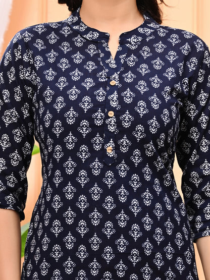 Navy Blue Printed Cotton Straight Kurti With 3/4Th Sleeves