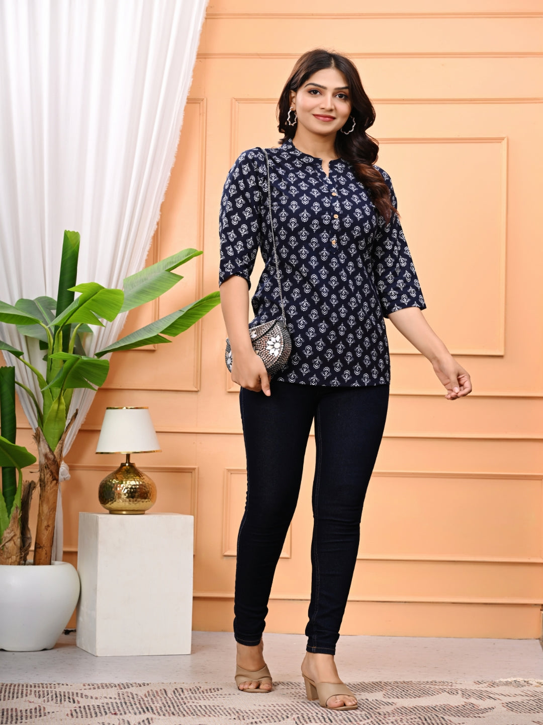 Navy Blue Printed Cotton Straight Kurti With 3/4Th Sleeves