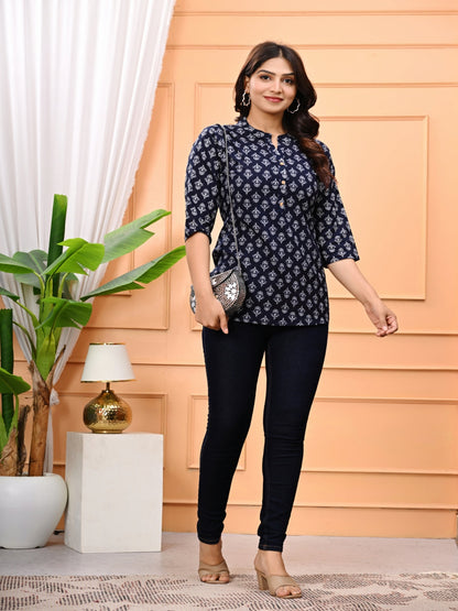 Navy Blue Printed Cotton Straight Kurti With 3/4Th Sleeves