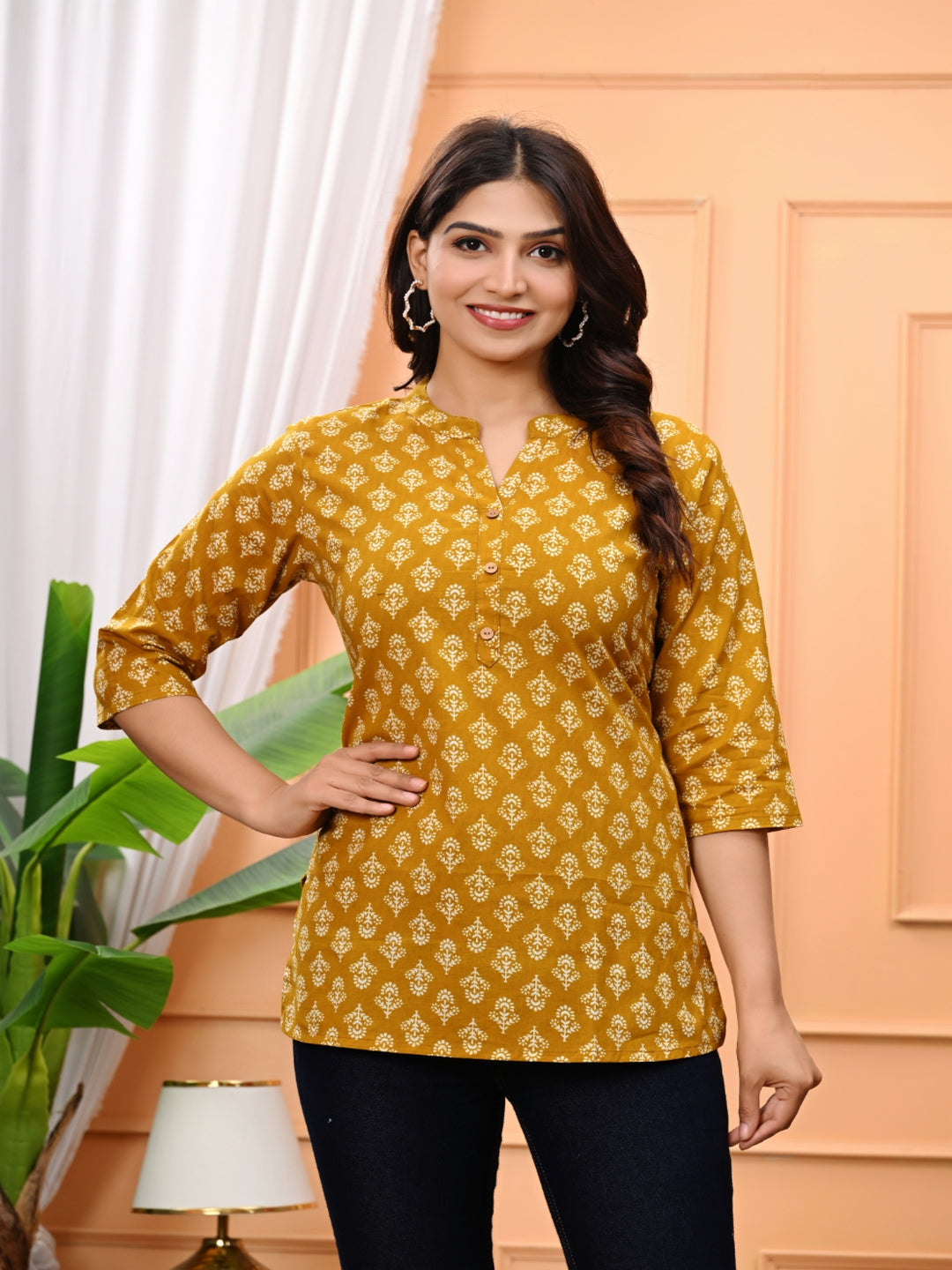 Mustard Yellow Printed Short Kurti With 3/4 Sleeves